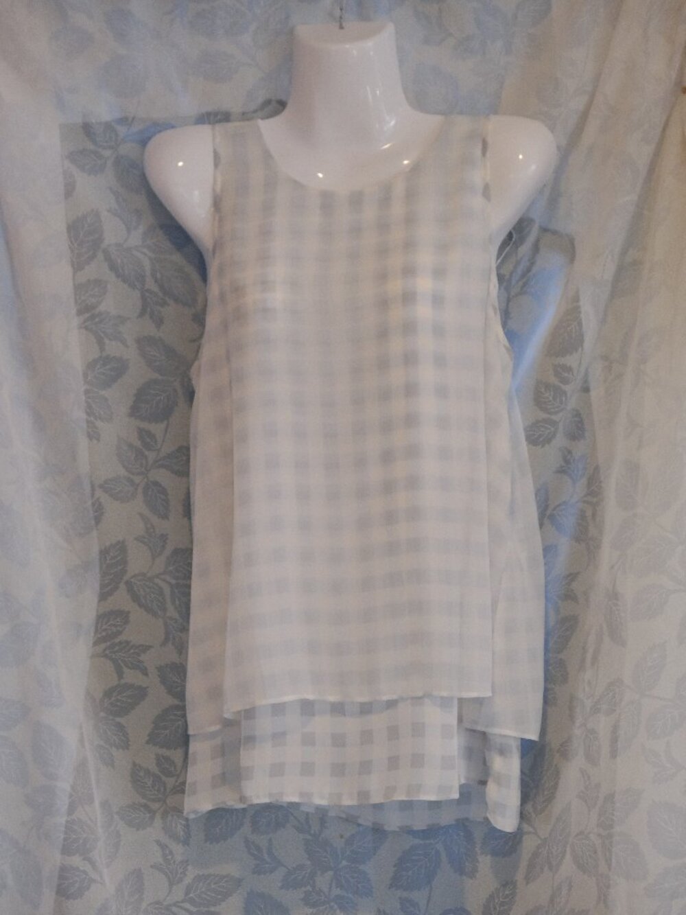 Ann Taylor Light Blue Gingham Layered Tank Top Sheer Overlay Size Medium